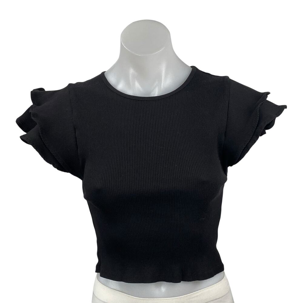 Zara Women's Black Ruffle Sleeve Crew Neck Ribbed Knit Cropped Blouse Top Size S
